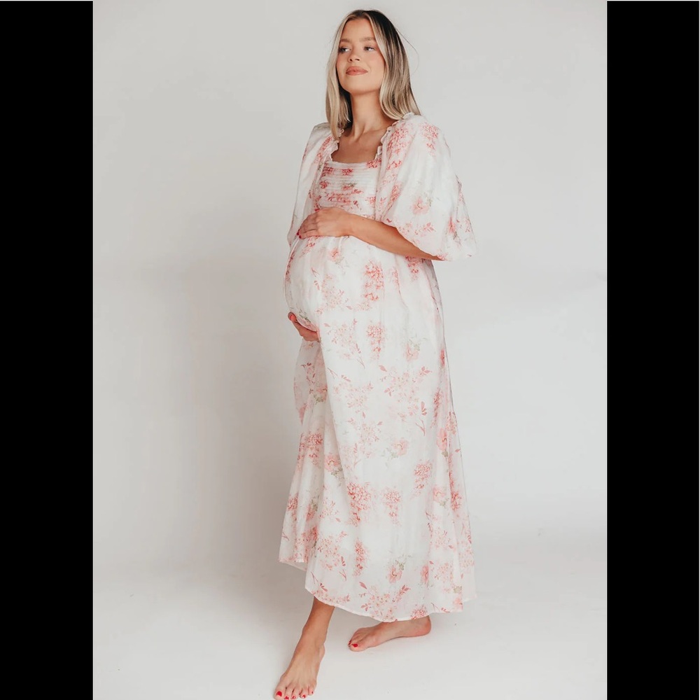 Melody Maxi Dress with Pleats and Bow Detail in Pink Floral - Bump friendly